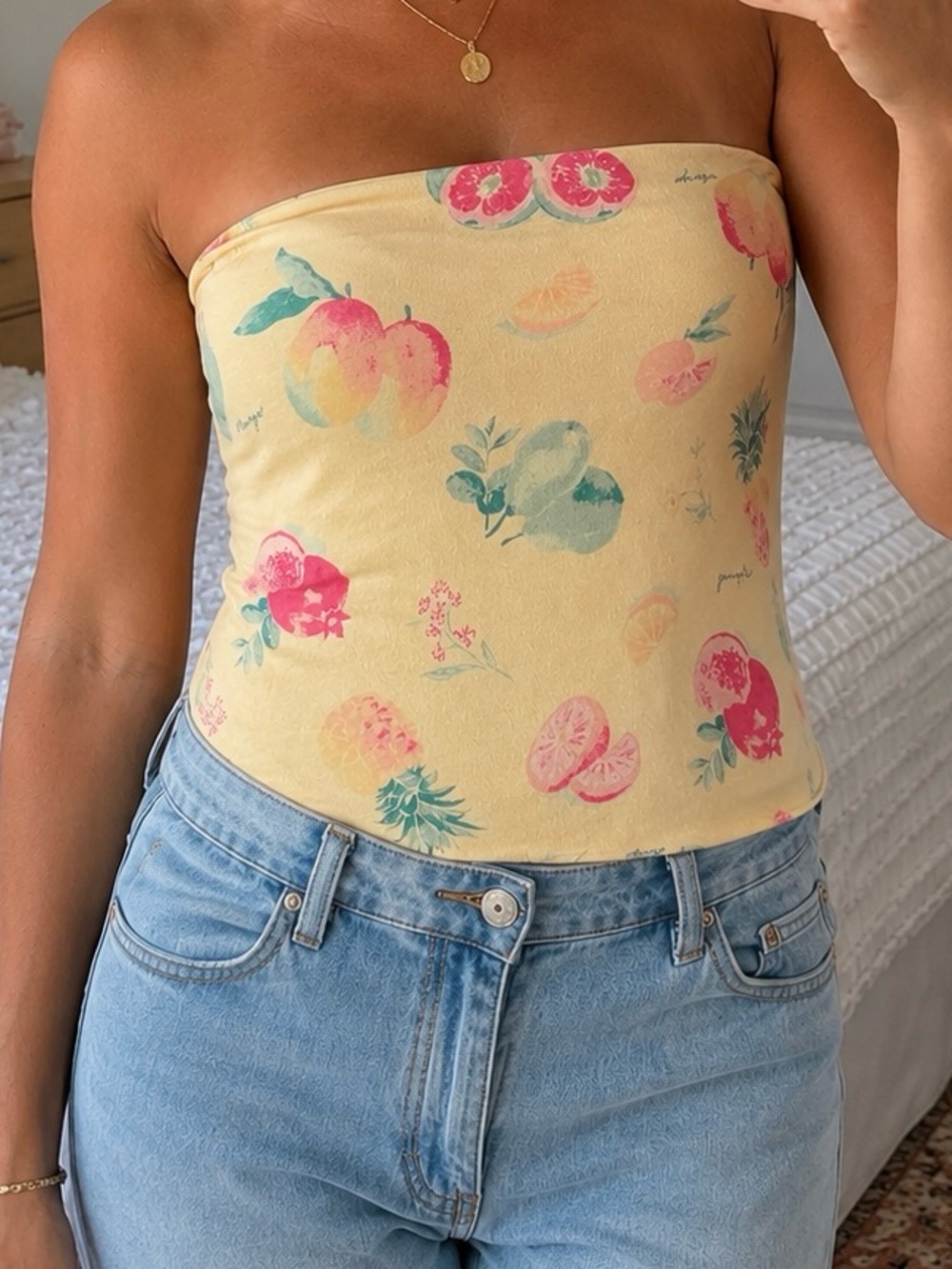 Hollister Strapless Yellow Fruit-Print Tube Top